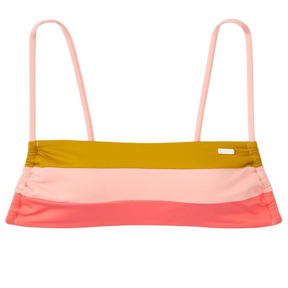 New! Roxy Bonus Babe Pink Green Colorblock Bandeau Bikini Swim Top 31476